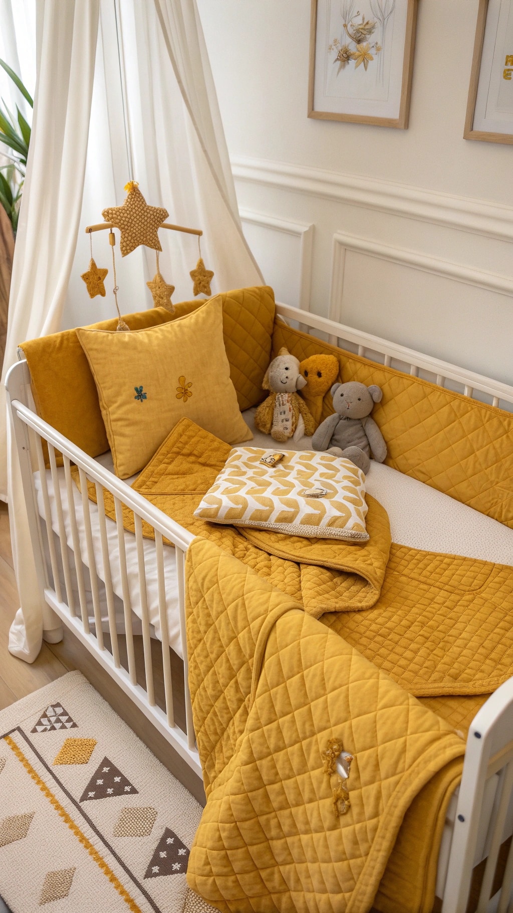 Cozy nursery crib with mustard yellow bedding and plush toys