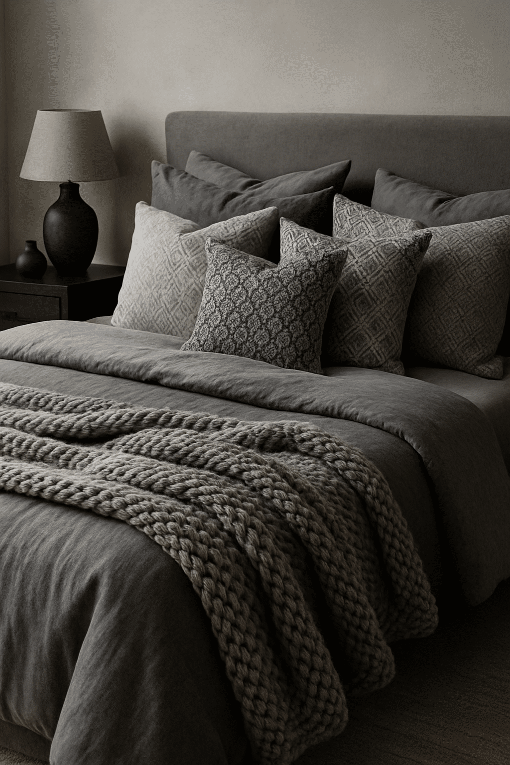 A cozy gray bedroom featuring a layered bed with various textured pillows and a chunky knit blanket.