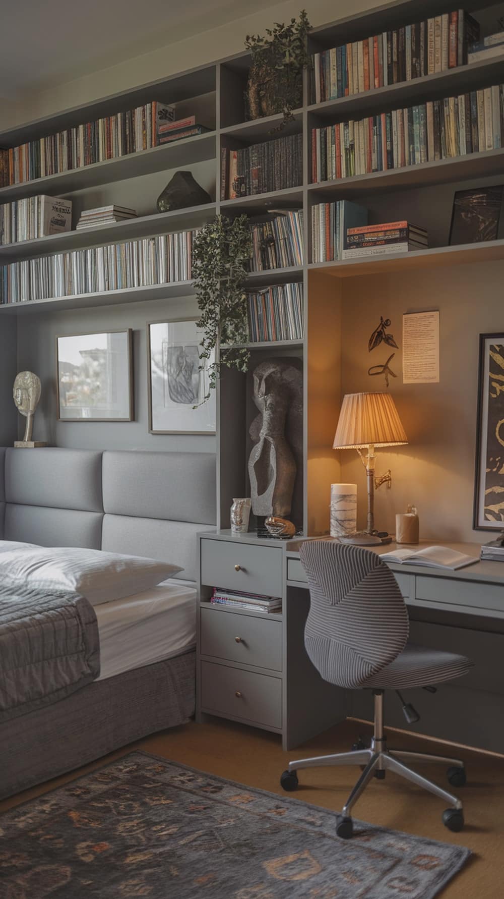 A cozy bedroom with soft lighting, featuring gray walls, a comfortable bed, and warm bedside lamps.