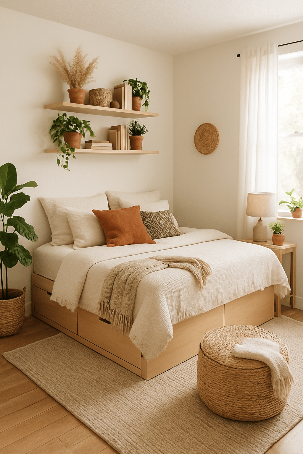 Cozy boho bedroom with functional furniture, featuring a bed with storage, plants, and a round pouf.
