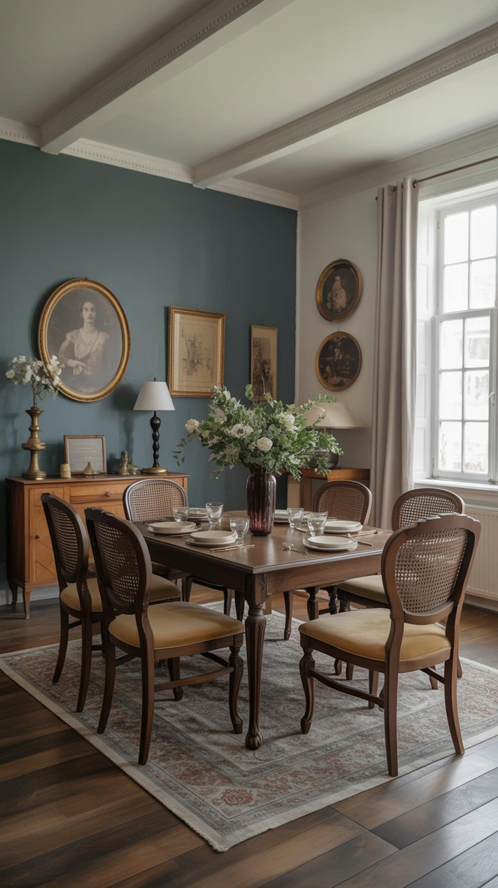 A vintage dining room with a dusty blue accent wall, wooden furniture, and vintage artwork.