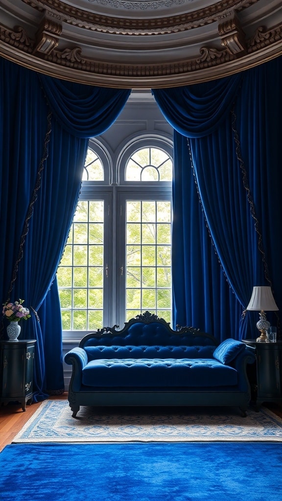 A luxurious bedroom featuring royal blue velvet curtains draped elegantly around large windows, with a plush blue sofa and decorative elements.