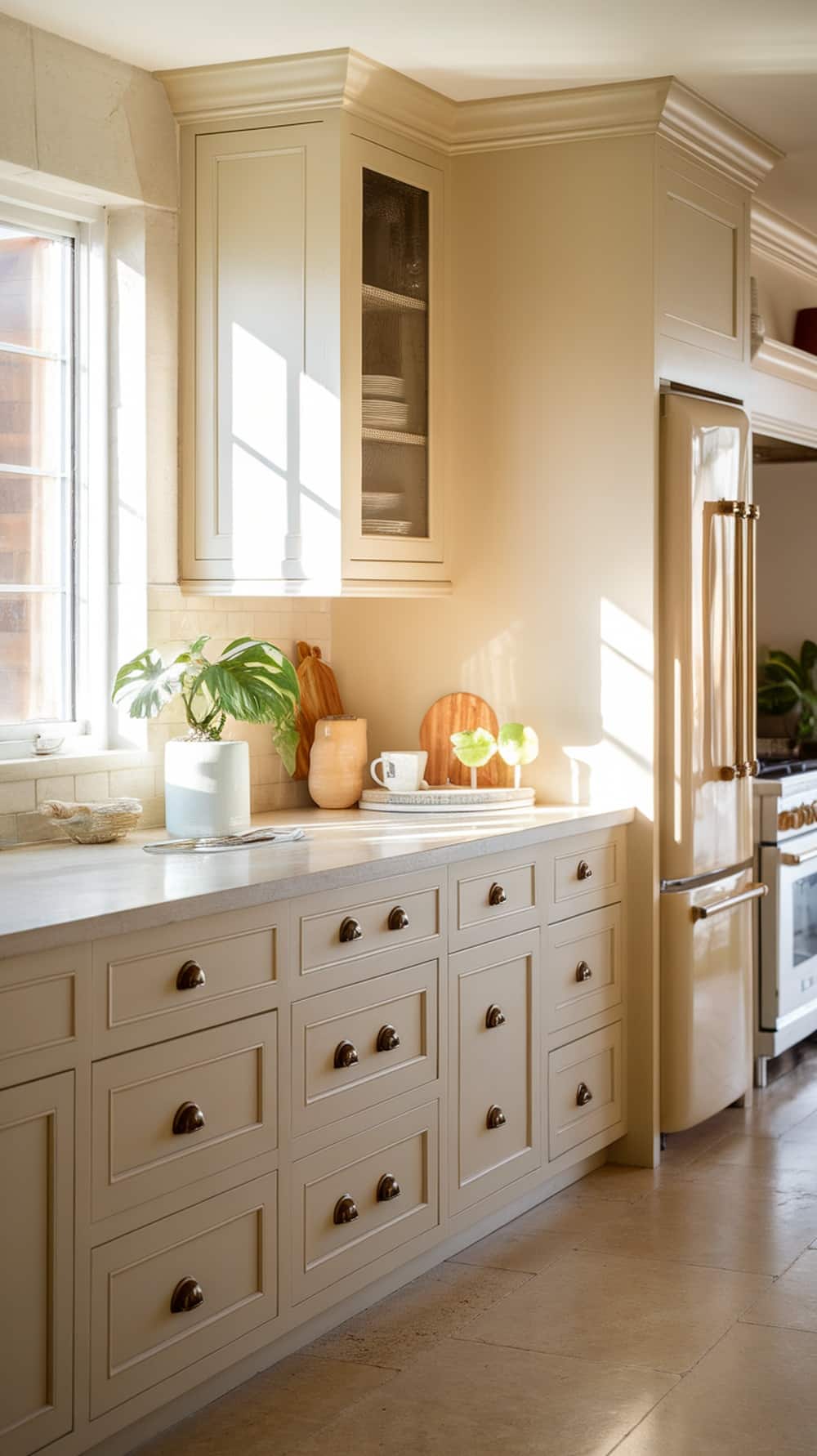 A kitchen featuring accessible beige cabinets with bronze hardware, showcasing a bright and inviting atmosphere.