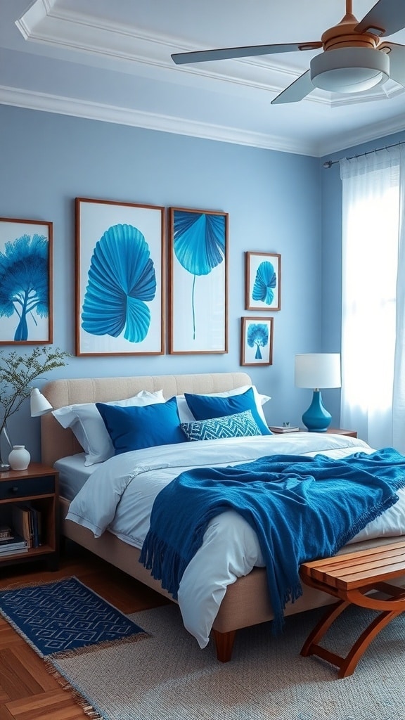 A bright blue themed bedroom with art pieces featuring leaf designs.