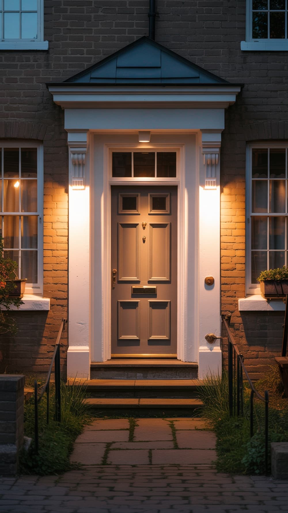A modern cream front door illuminated by warm lighting, showcasing a welcoming entrance.