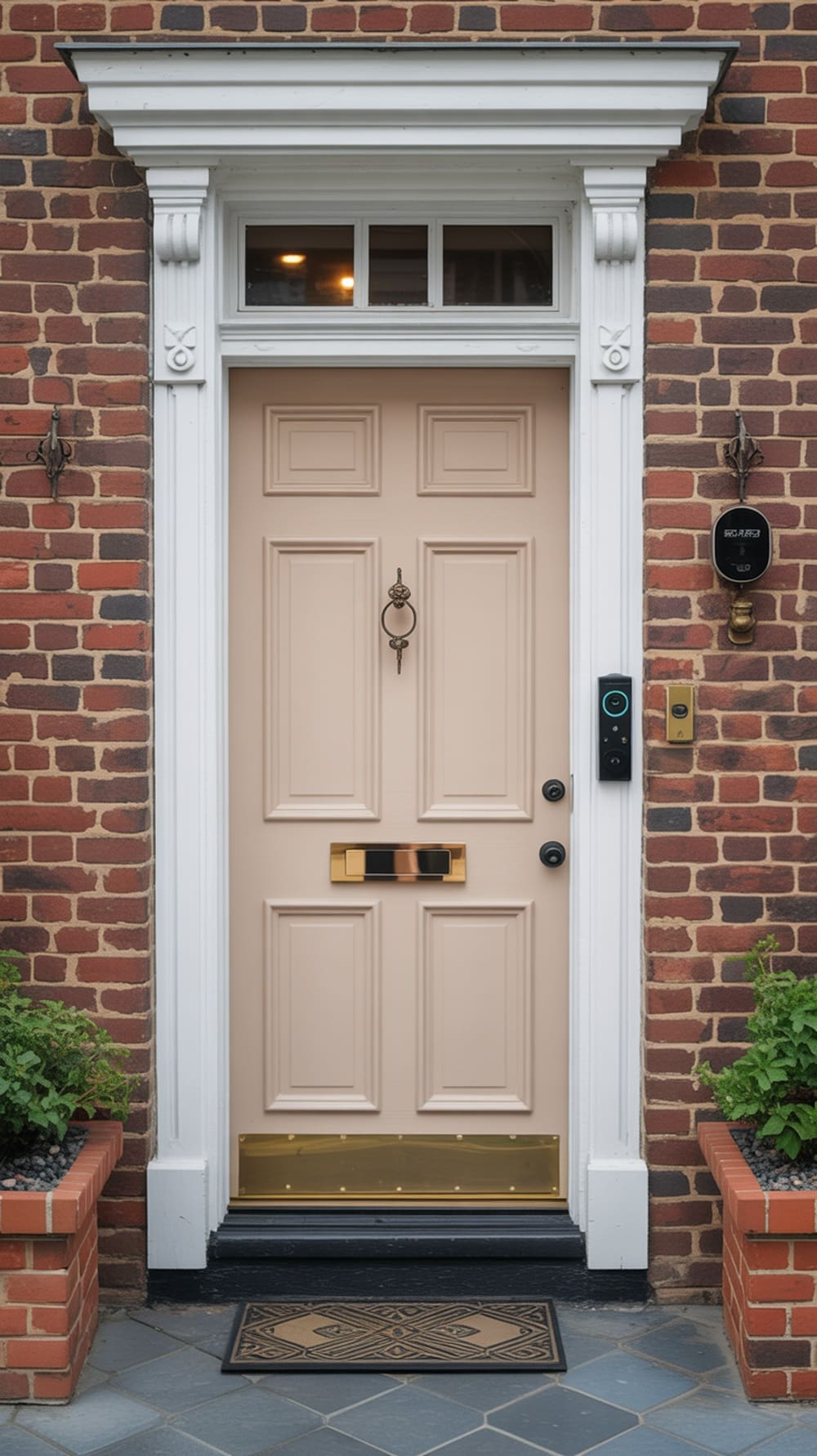 A modern cream front door with smart home features including a smart lock and doorbell.