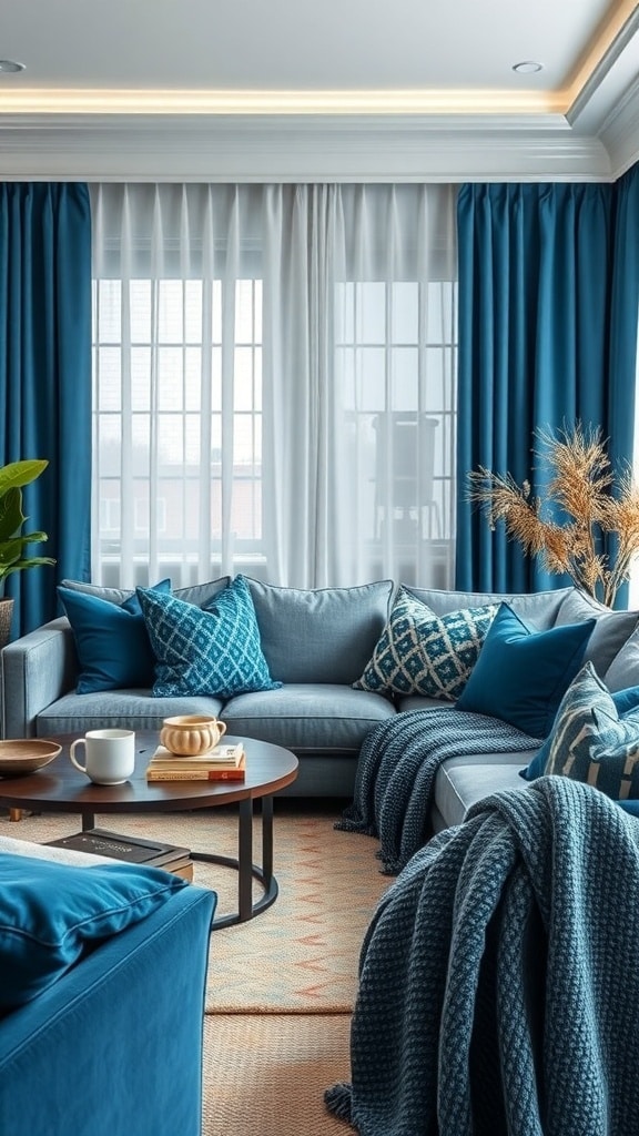 A cozy living room featuring peacock blue fabrics, layered textures, and a warm atmosphere.