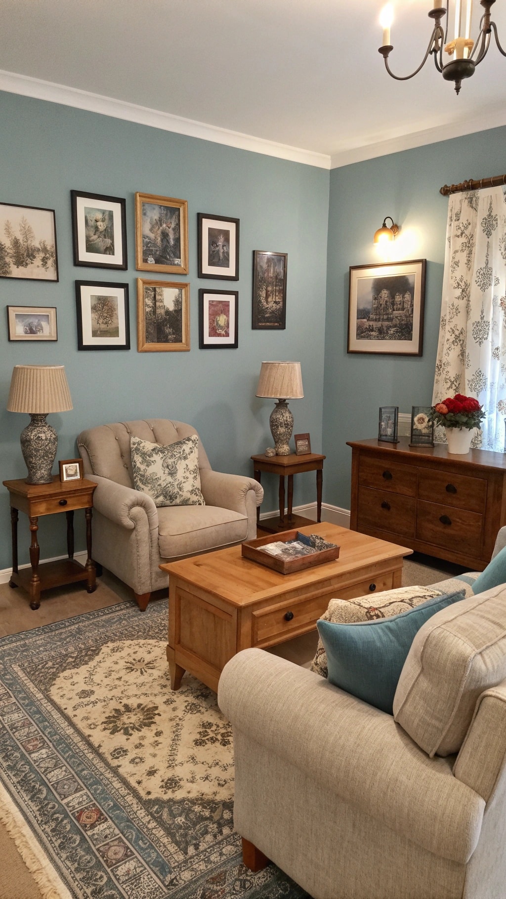 A charming living room with a dusty blue accent wall, featuring artwork, a clock, and cozy furniture.