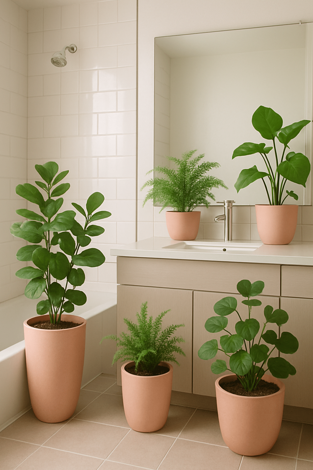 A cozy bathroom featuring blush pink pots with various plants, creating a warm and inviting atmosphere.