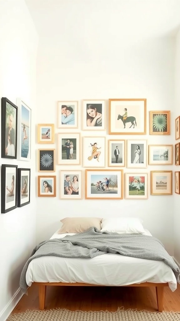 A bright white gallery wall featuring various framed photos and artwork above a bed in a cozy bedroom.