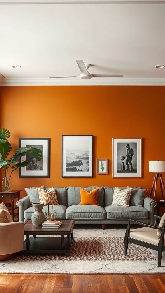 Living room with a deep ochre accent wall, light blue sofa, and stylish decor.