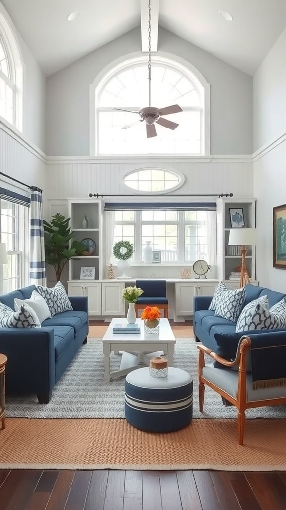 A bright and airy living room featuring navy blue sofas, white accents, and coastal decor.