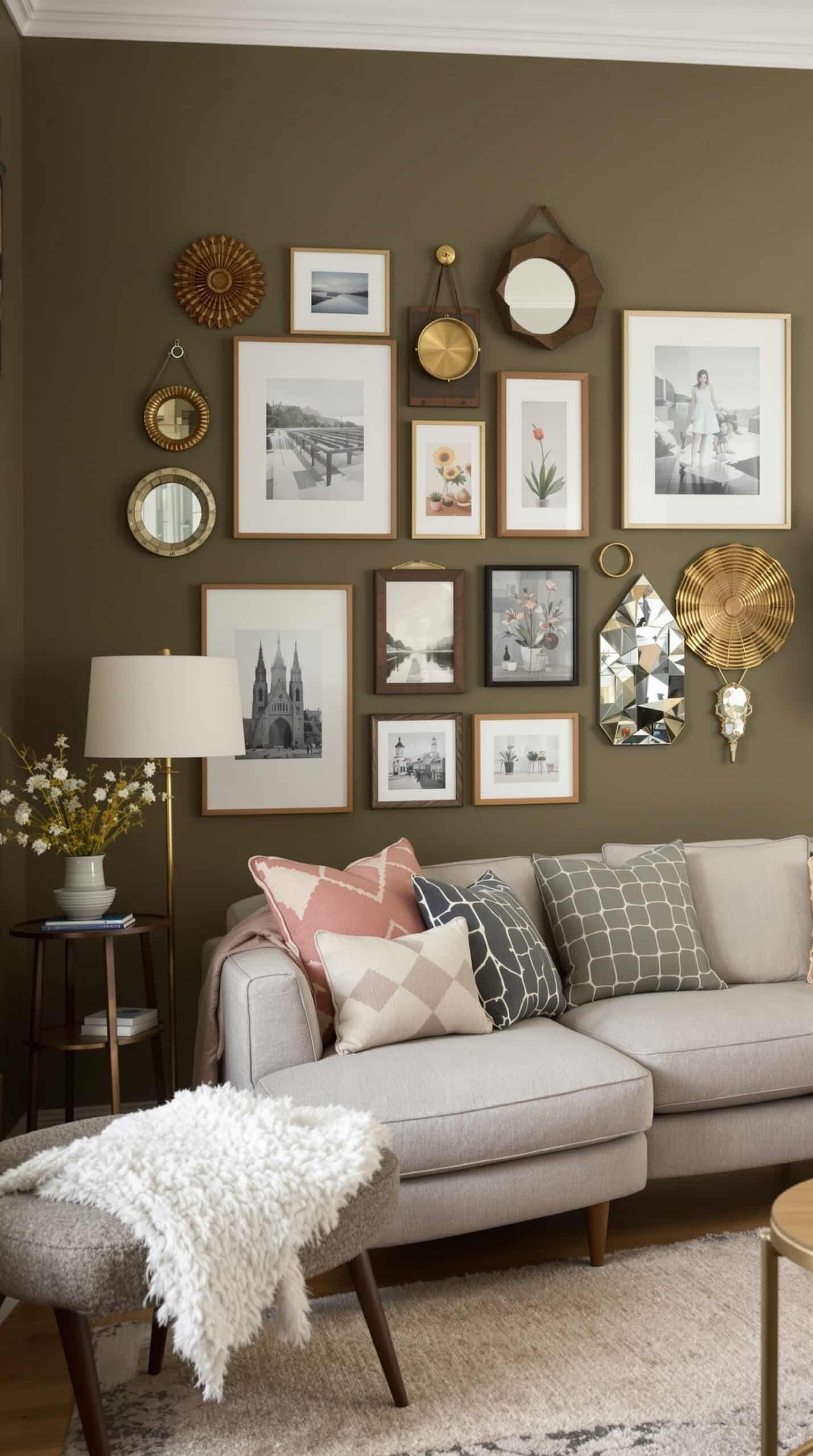 An eclectic gallery wall featuring various framed artworks and photographs on an olive green wall, with a cozy sofa and decorative elements in the living room.