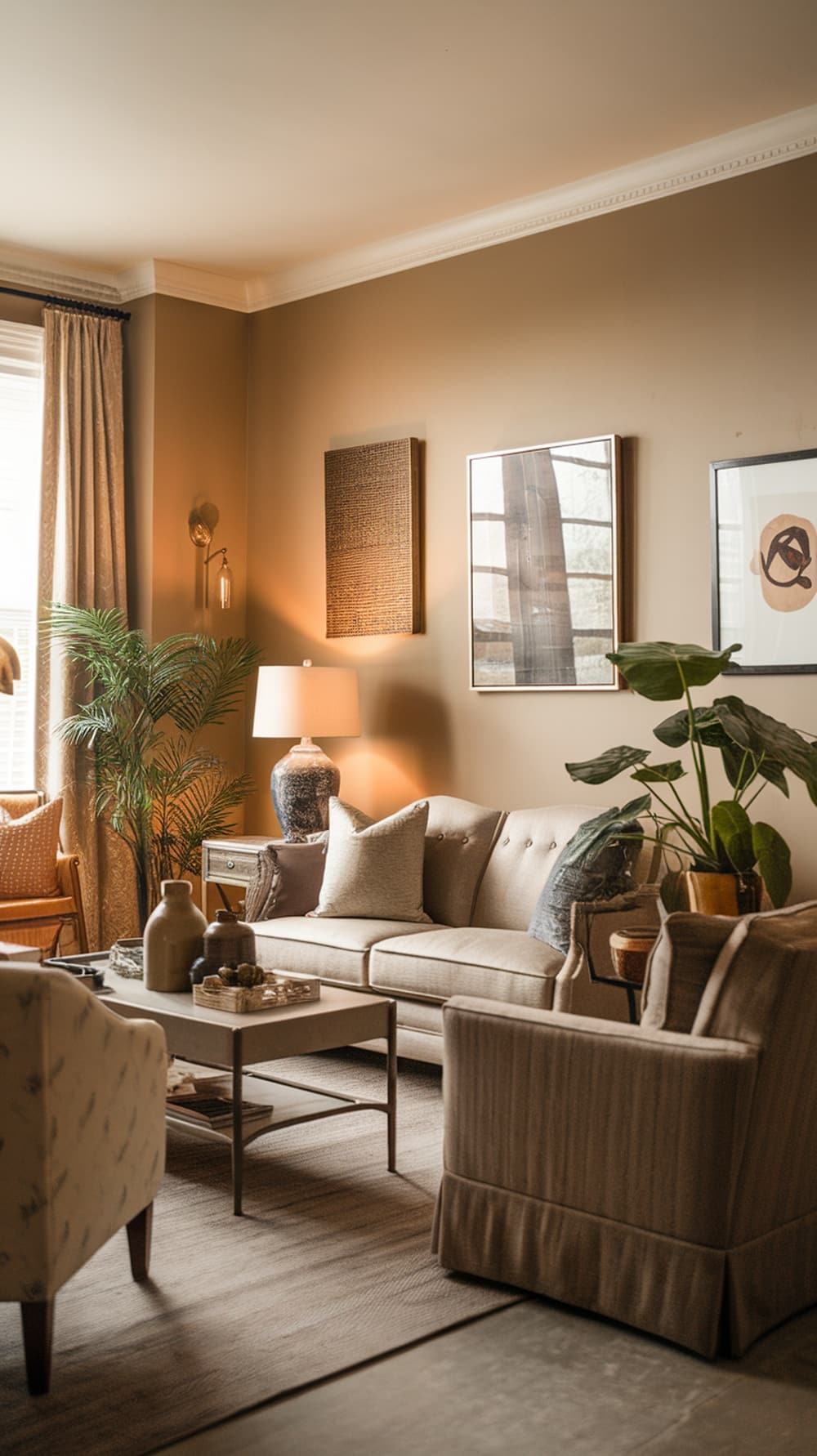 A cozy living room featuring Accessible Beige walls, stylish furniture, and decorative elements.