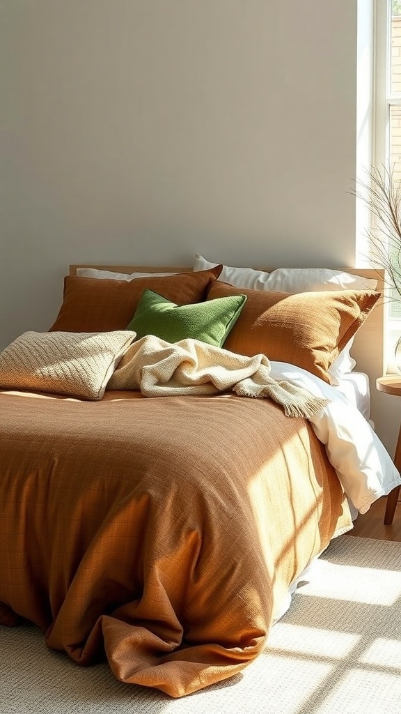A cozy bedroom with earthy brown bedding and textured pillows.