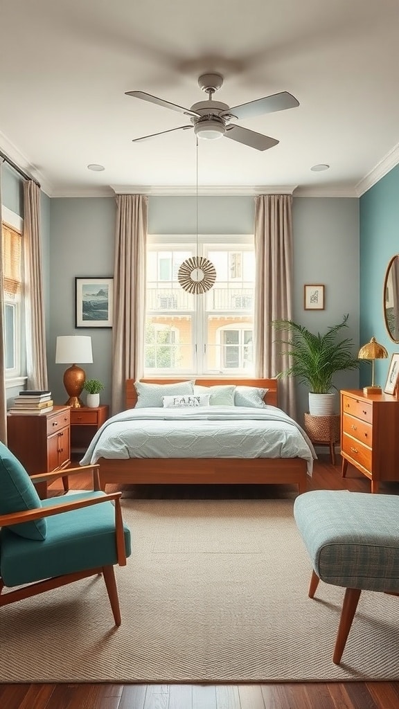 A mid-century bedroom featuring teal walls, wooden furniture, and a cozy atmosphere.