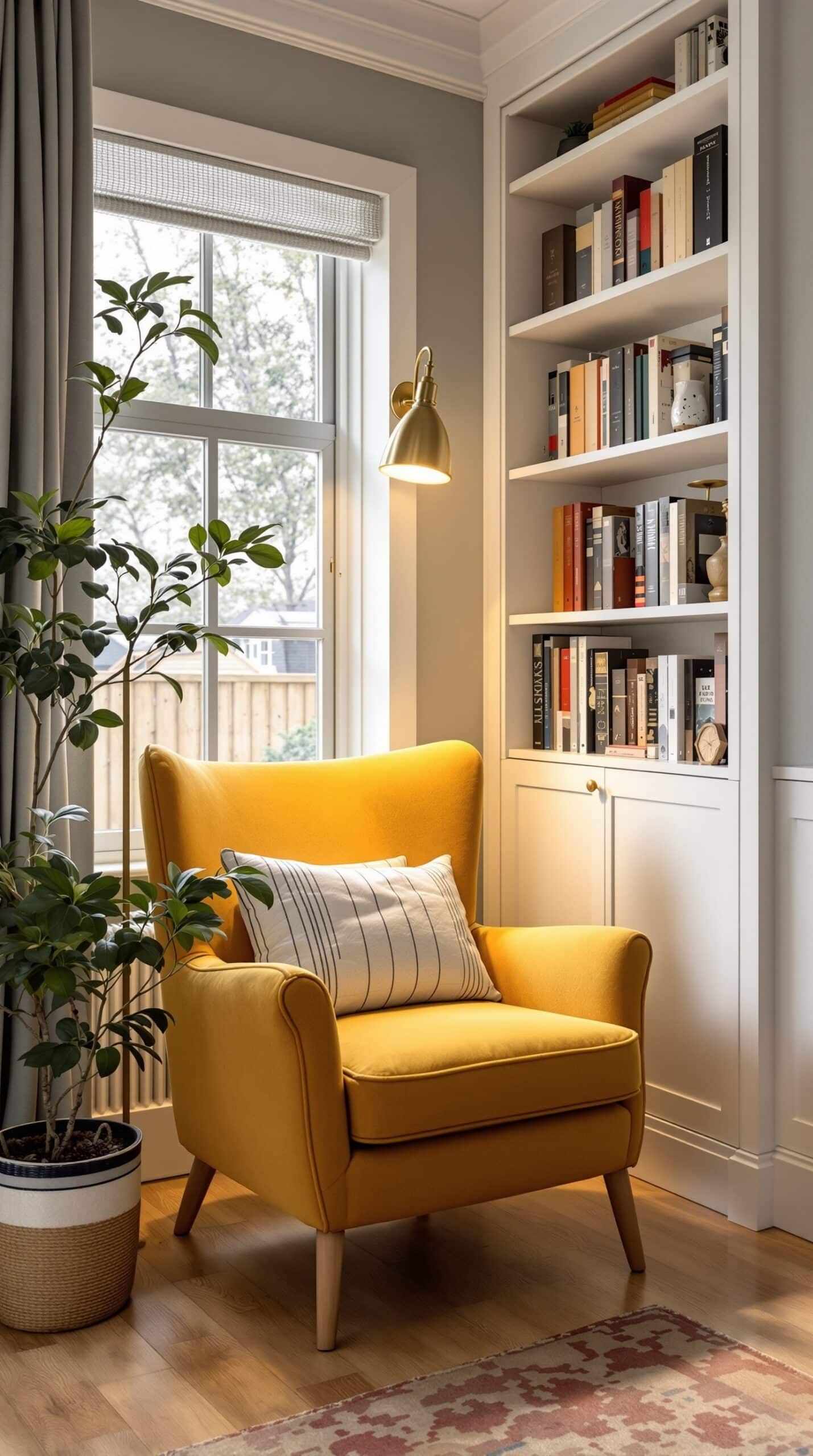 Cozy reading nook with an ochre yellow armchair, a bookshelf, and warm lighting.