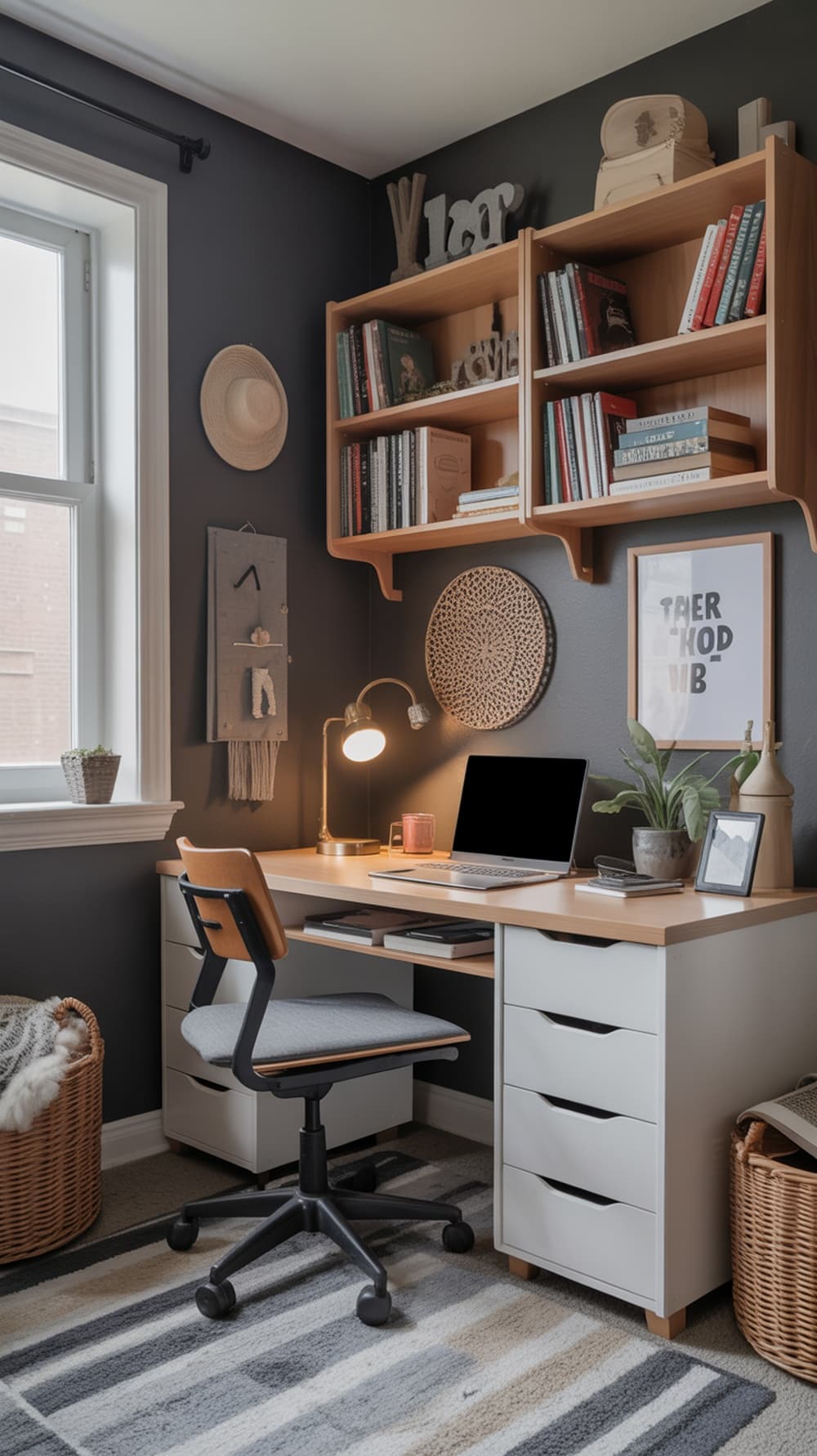 A functional study nook in a dorm room featuring a desk, laptop, bookshelves, and a cozy chair.