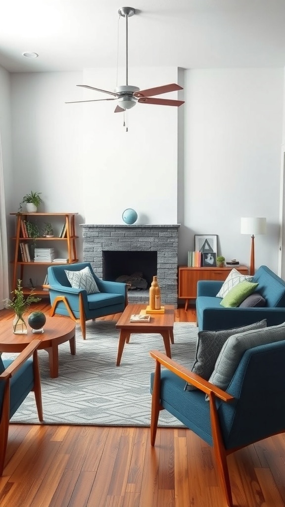 A mid-century living room featuring slate blue chairs, a wooden coffee table, and a textured rug.