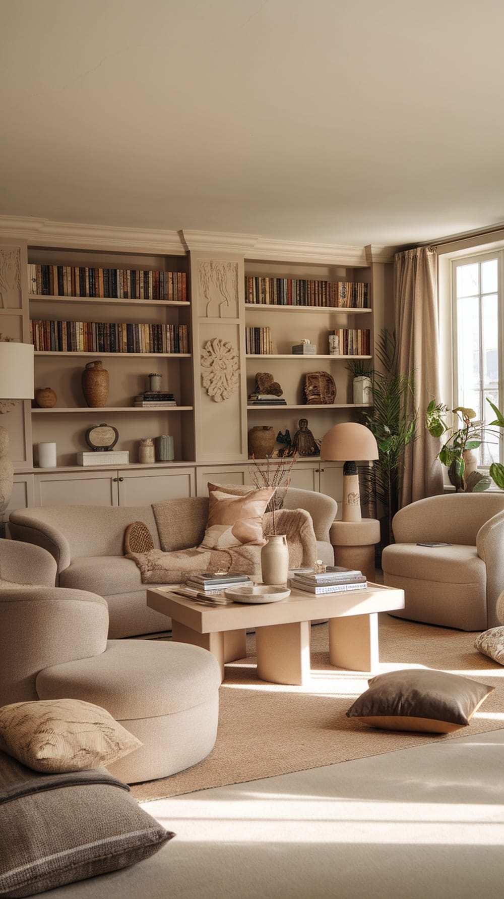 A neutral living room featuring accessible beige walls, taupe furniture, and natural decor elements.