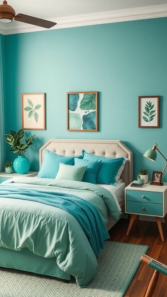 A cozy bedroom featuring an aqua and green color palette with plants and framed artwork.