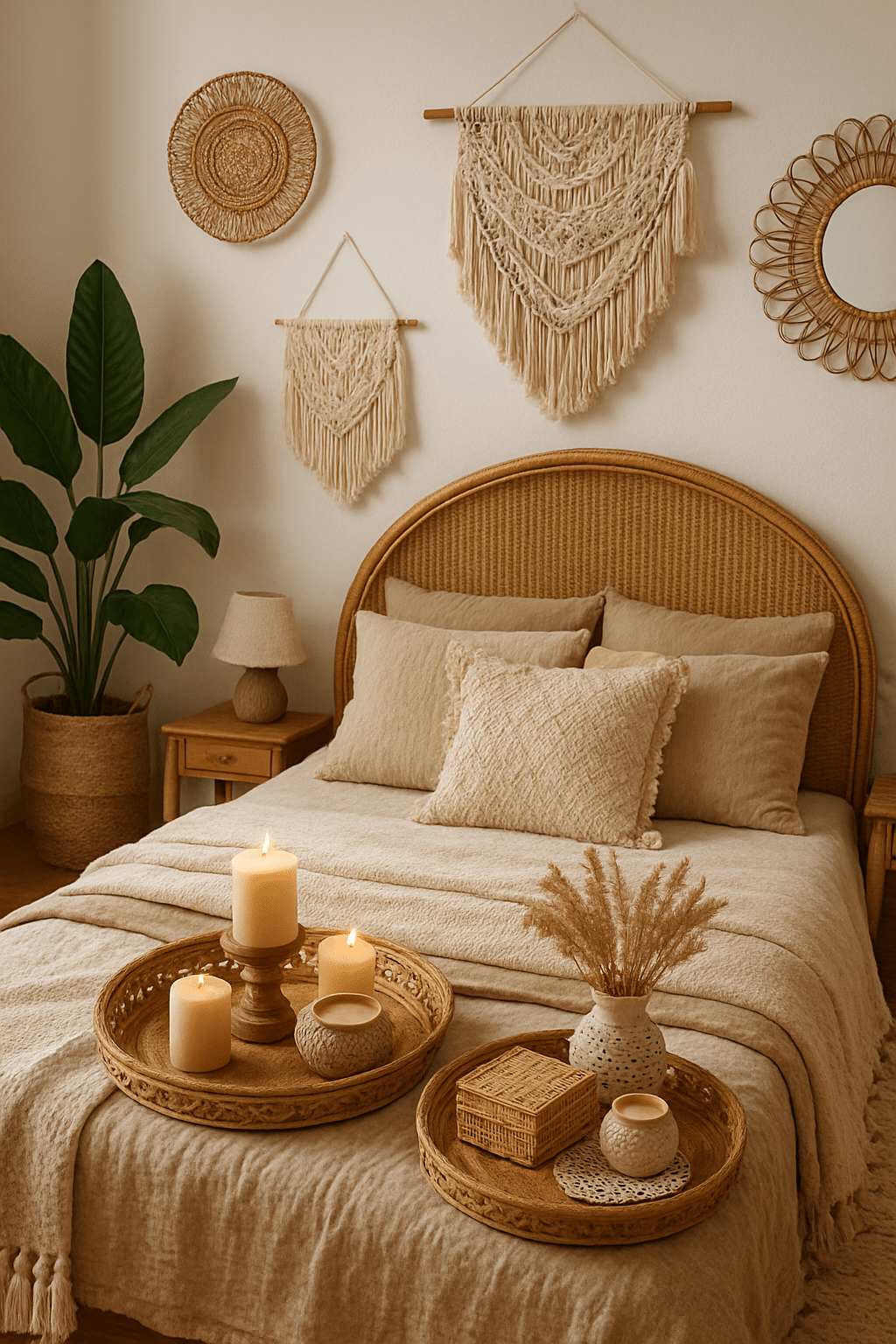 A cozy boho bedroom featuring macramé wall hangings, a rattan bed, candles, and natural decor elements.