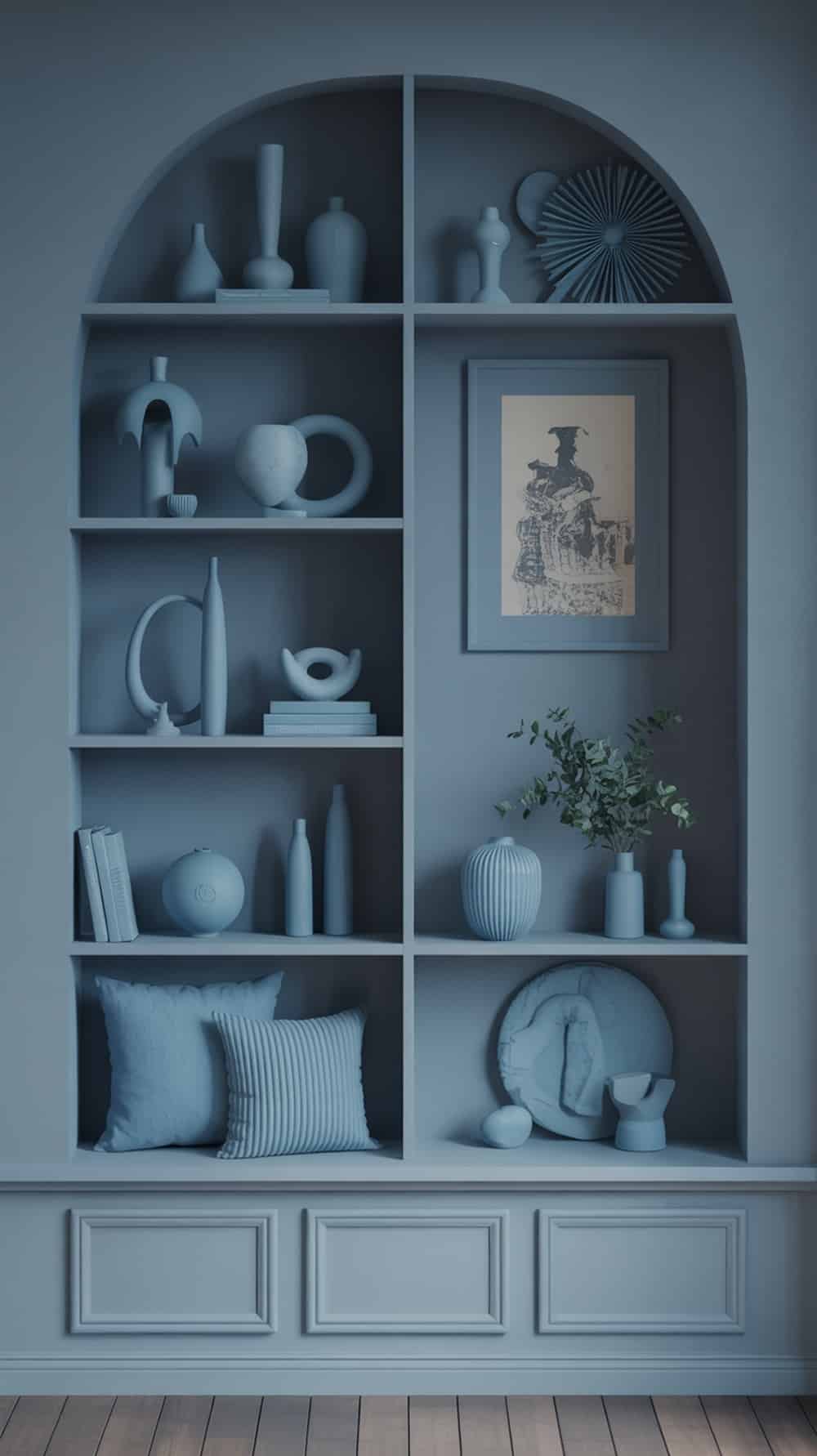 A shelf displaying various dusty blue decorative items, including vases, books, and a plant, creating a cohesive and stylish look.