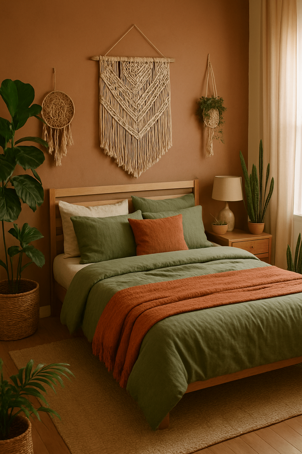 A cozy boho bedroom featuring earthy tones with green and terracotta bedding, macramé wall art, and indoor plants.