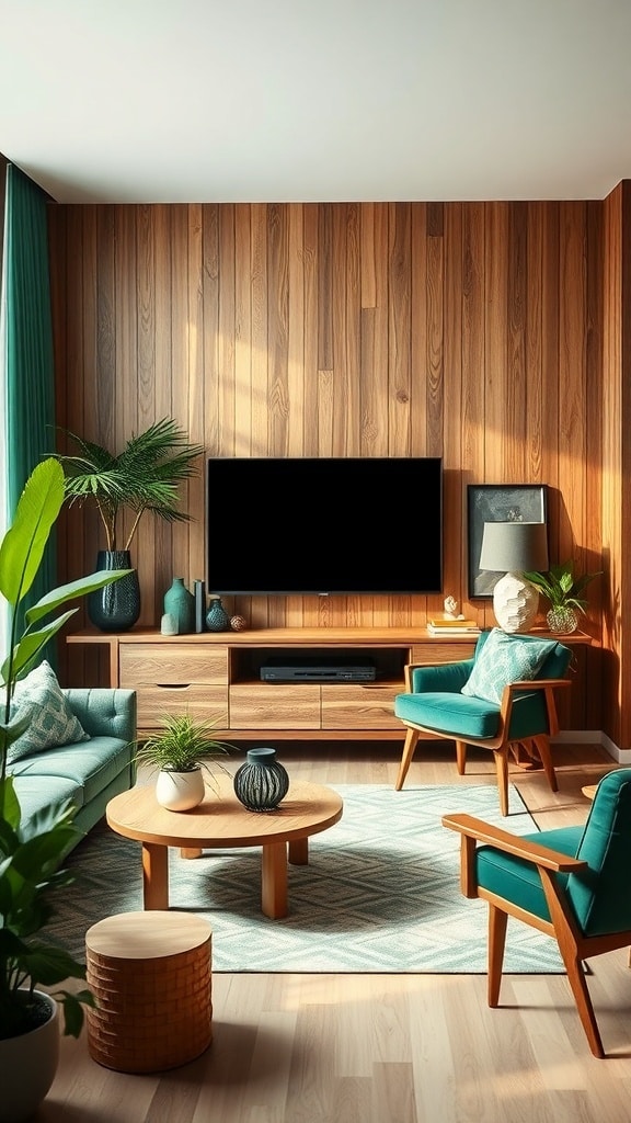 A modern living room featuring emerald green furniture, wooden wall, and plants.