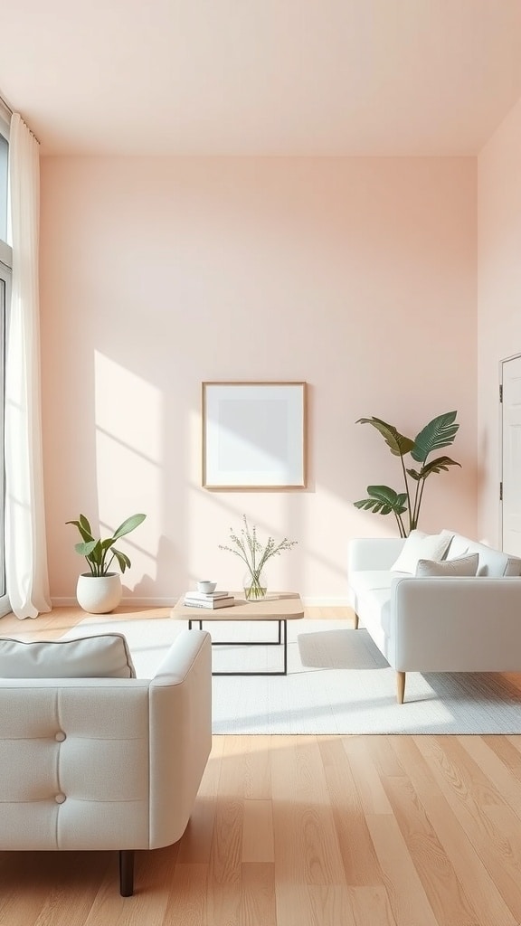 A cozy living room with blush pink walls, minimalist white furniture, and green plants.