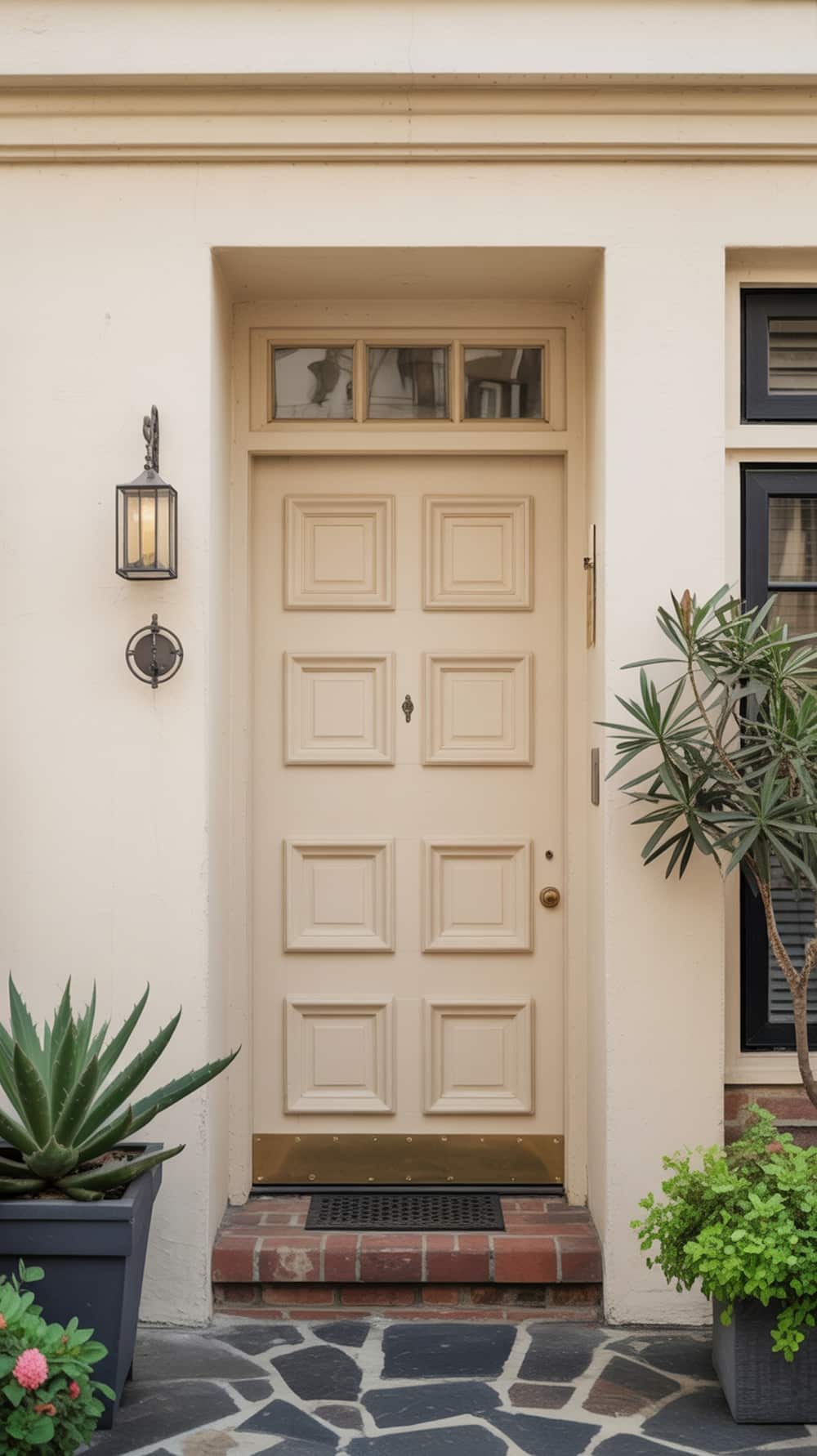 A cream front door with textured panels, surrounded by plants and a light fixture.