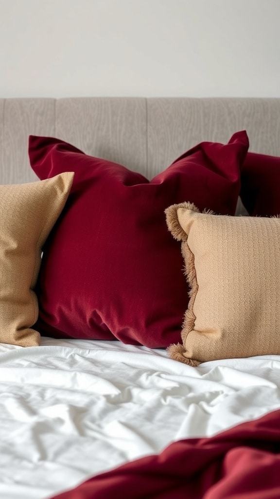 A bed with burgundy accent pillows and lighter-toned pillows, creating a cozy and inviting look.