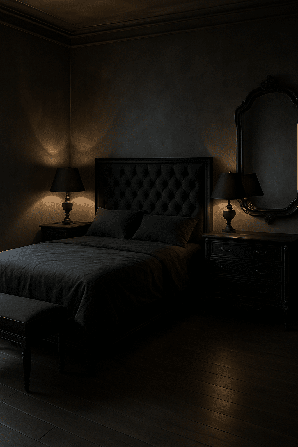 A modern bedroom featuring a black tufted headboard, gray bedding, and dark wood furniture, illuminated by soft lighting.