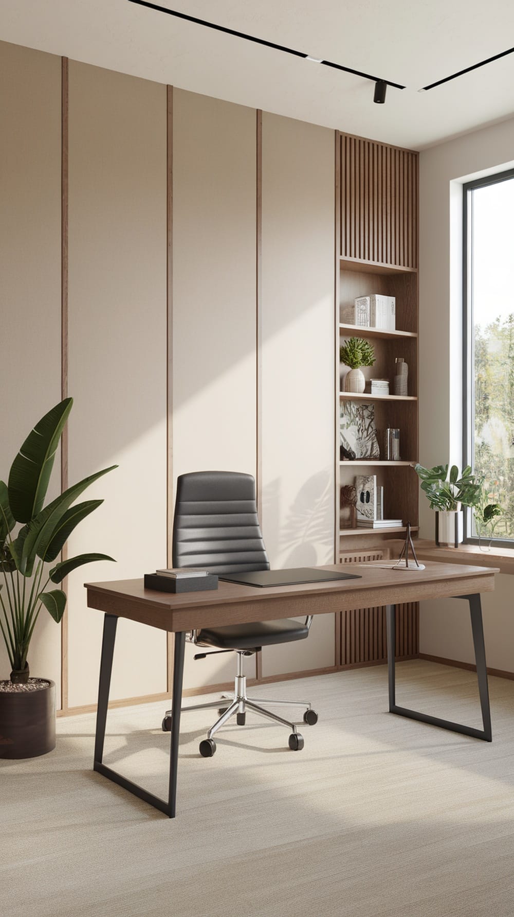 Minimalist home office featuring accessible beige walls, oak wood desk, and green plants.