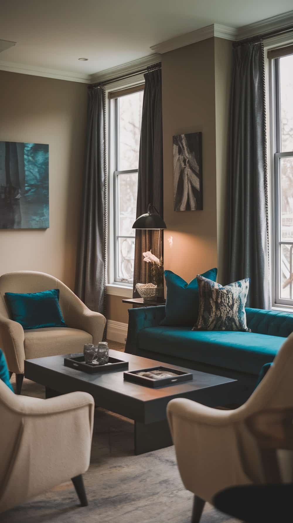 A moody living room featuring accessible beige walls, a teal sofa, and charcoal accents.