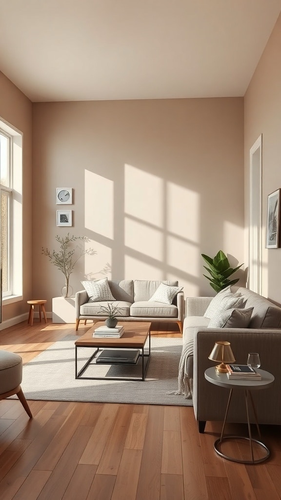 A bright living room with taupe walls, large windows, and natural light illuminating the space.