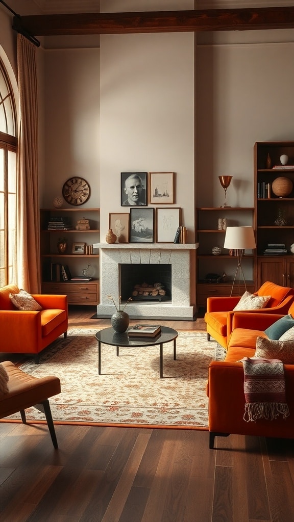 A cozy living room featuring rust orange sofas, wooden furniture, and earthy tones.