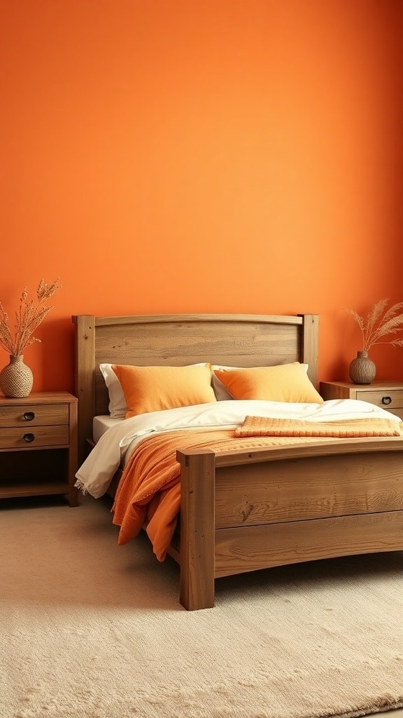 A cozy bedroom featuring rustic wooden furniture and an orange wall.