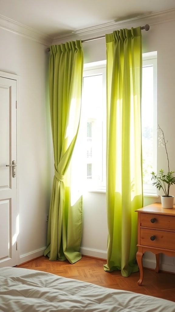 A cozy bedroom with soft green curtains framing a window, complemented by wooden furniture.