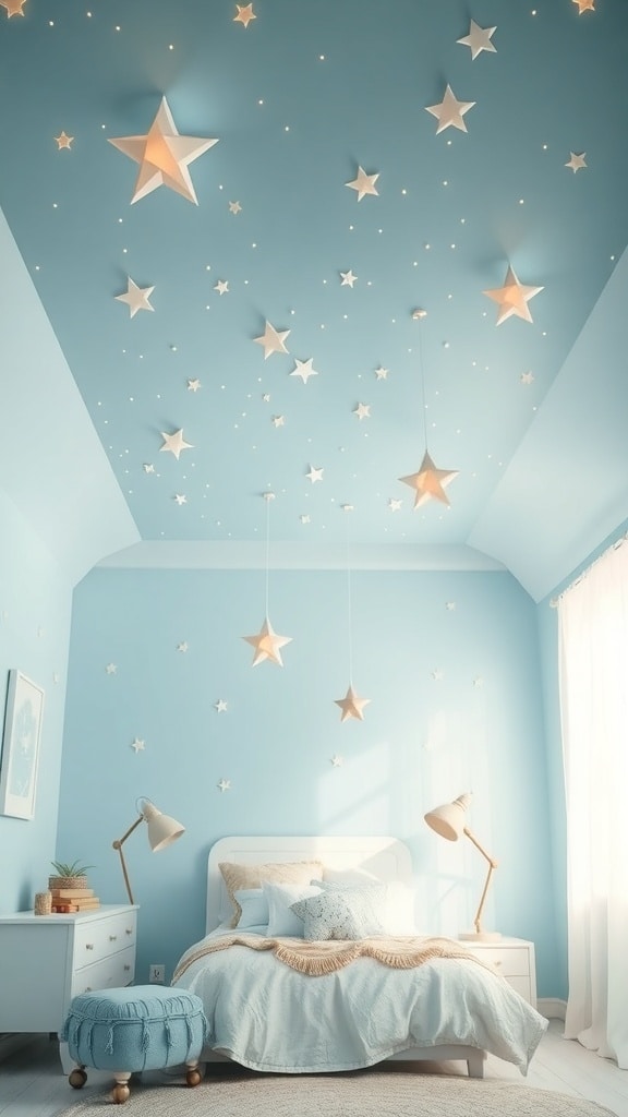 A bedroom with a sky blue ceiling decorated with star-shaped lights and accents.