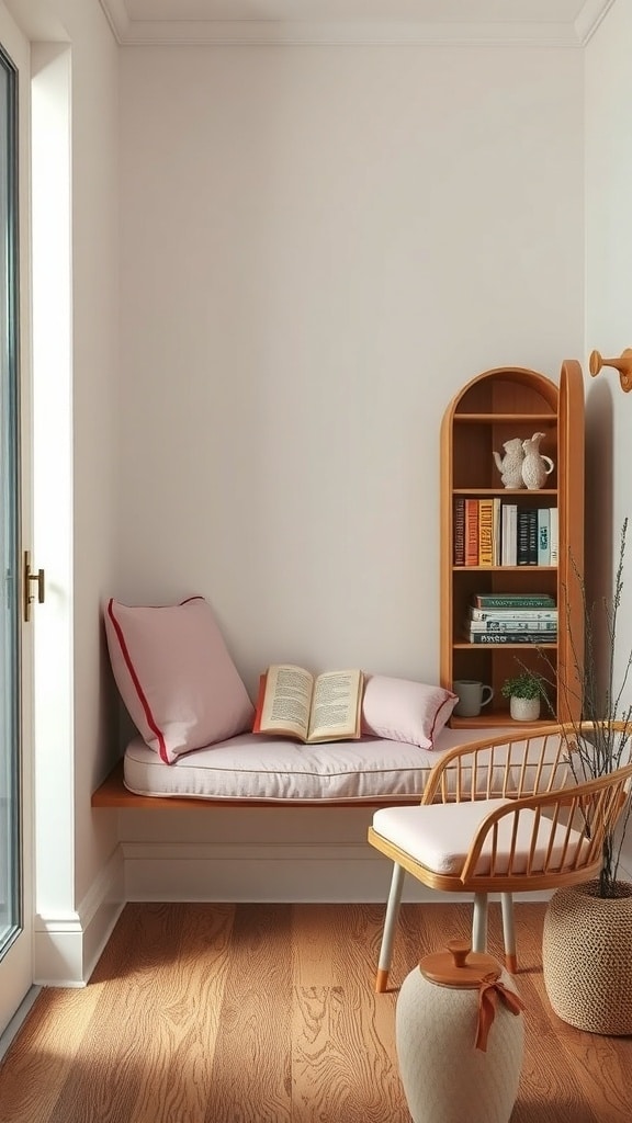 A cozy reading nook with pink cushions, a wooden bench, and a bookshelf filled with books.