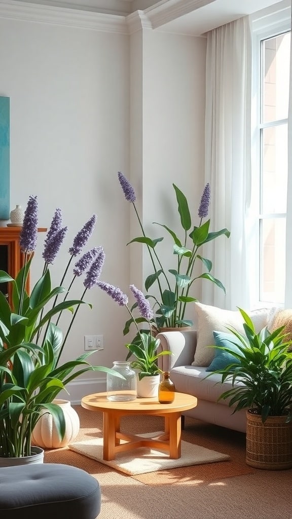 A cozy living room with tall indoor plants featuring lavender flowers, a wooden coffee table, and soft furnishings.
