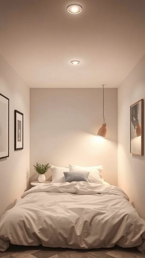 A small bedroom with a bed and bright white ceiling lights