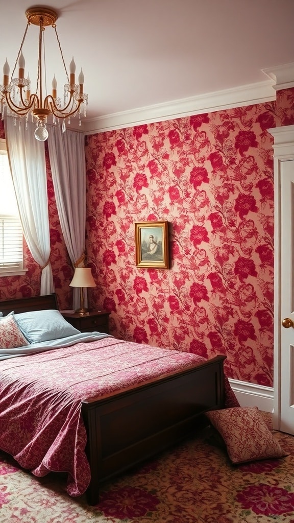 A cozy bedroom featuring burgundy floral wallpaper, a wooden bed, and a chandelier.