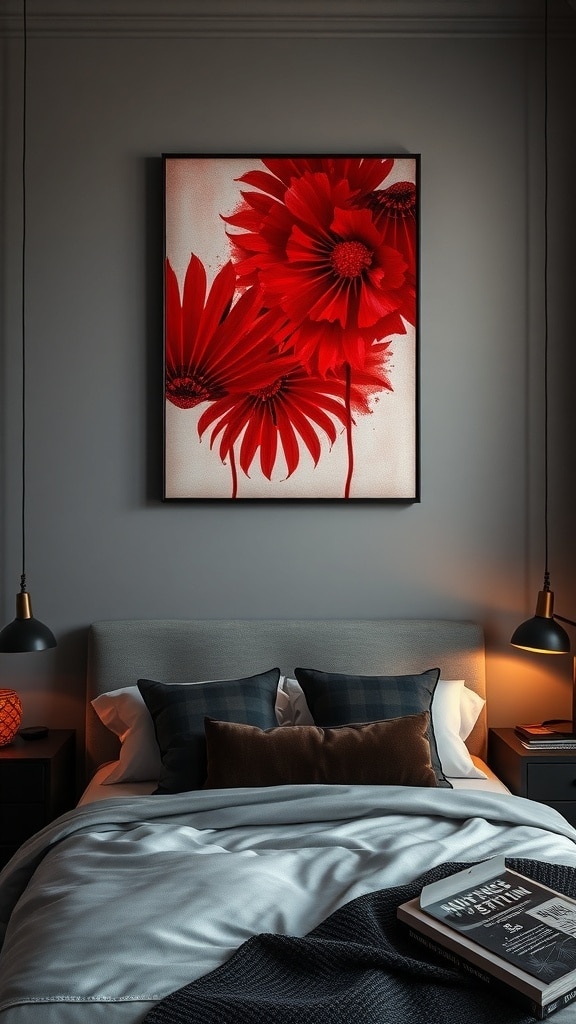 A bedroom with a striking red flower wall art above the bed, complemented by gray walls and cozy bedding.