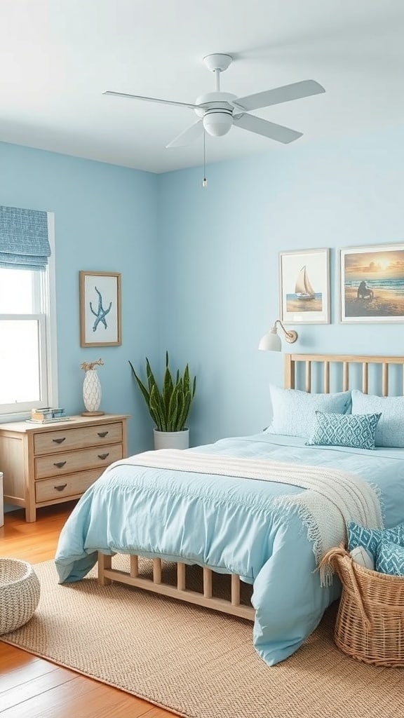 A coastal chic bedroom featuring light blue walls, a wooden bed with blue bedding, and nautical-themed artwork.