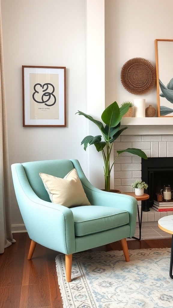 A mint green accent chair with a pillow, placed in a cozy living room setting with a fireplace and decorative items.