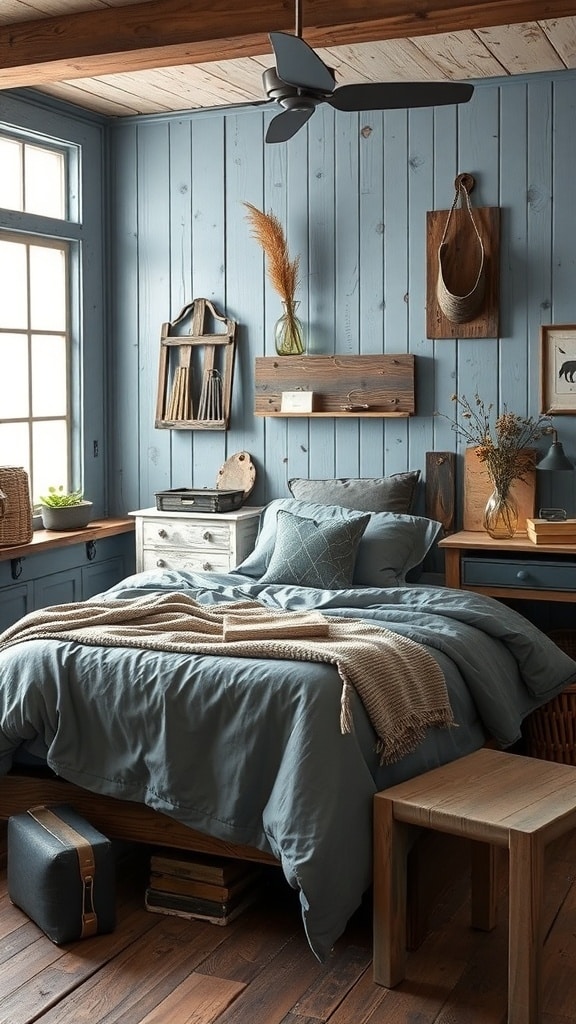 A cozy bedroom featuring faded blue walls, wooden beams, and rustic furniture.