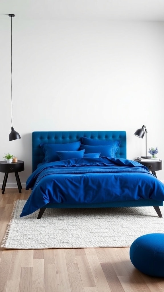 A modern bedroom featuring a bold cobalt blue bed frame and matching bedding, complemented by dark furniture and light walls.