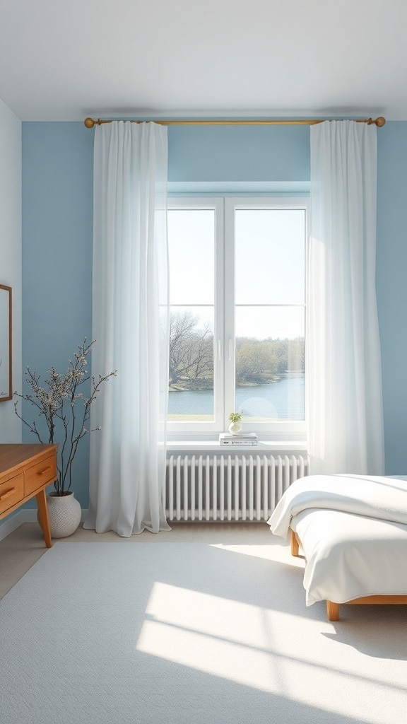 A serene bedroom with sky blue walls, a cozy bed, and large windows letting in natural light.